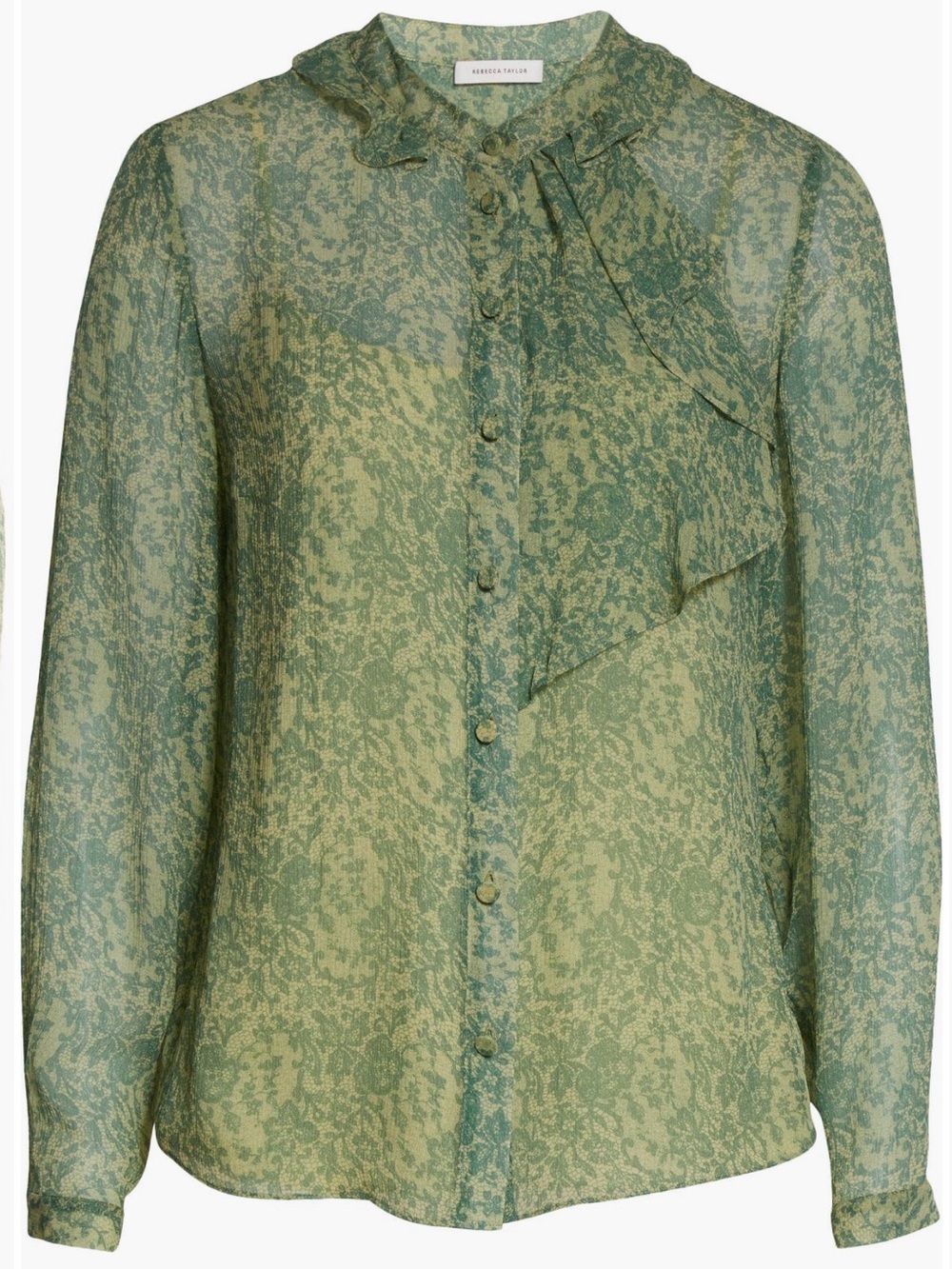 Rebecca Taylor Green Floral Ruffle-Trim Sheer Blouse Size M